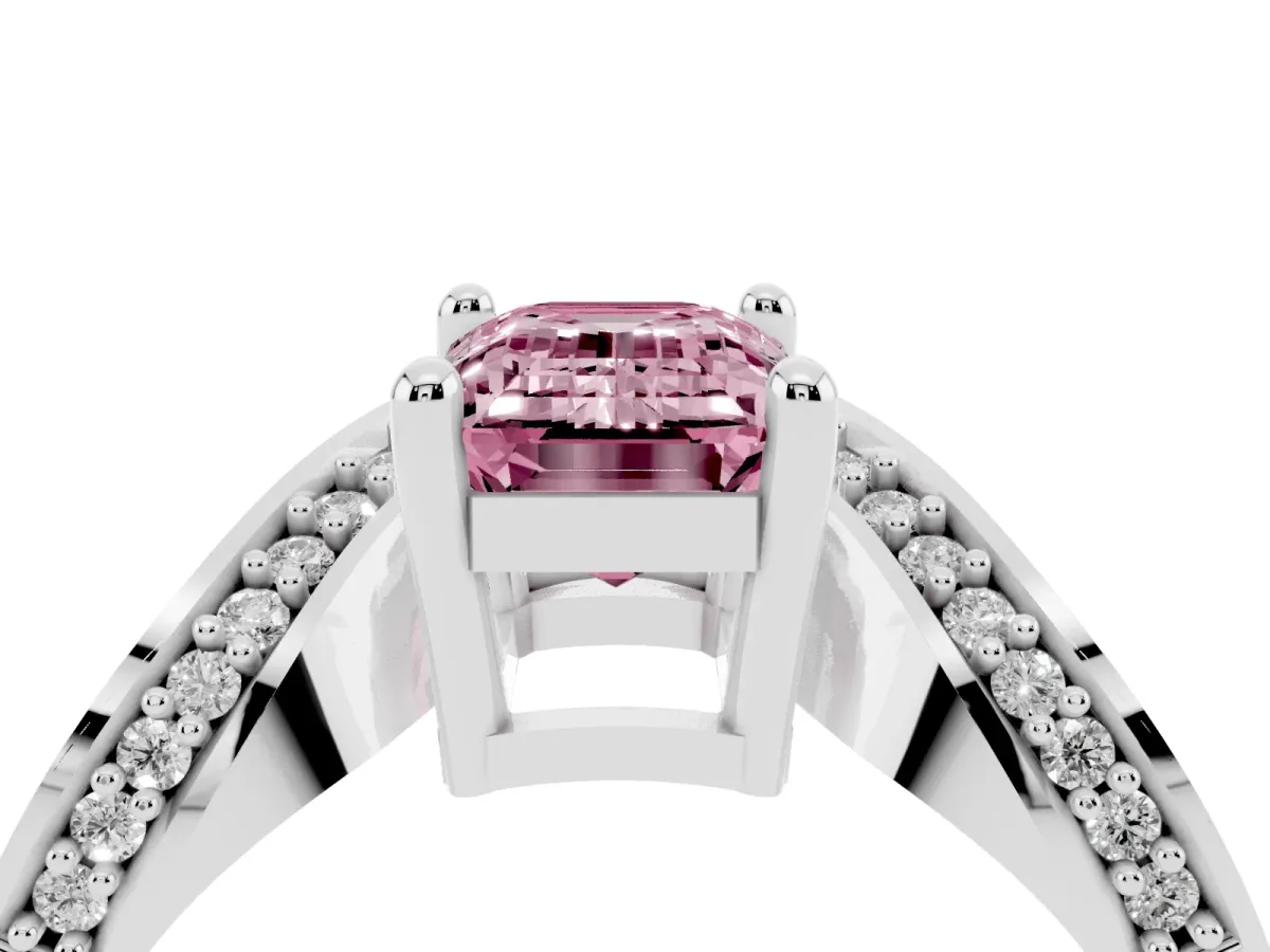 Fancy Pink Emerald Cut Solitaire Diamond Engagement Ring with Pave Band and Four-Prong Setting Platinum