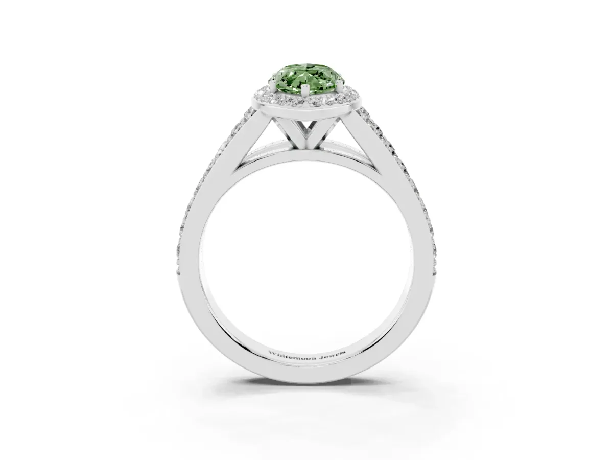 Fancy Green Marquise Cut Diamond Split Shank Halo Ring with Four-Prong Setting Platinum
