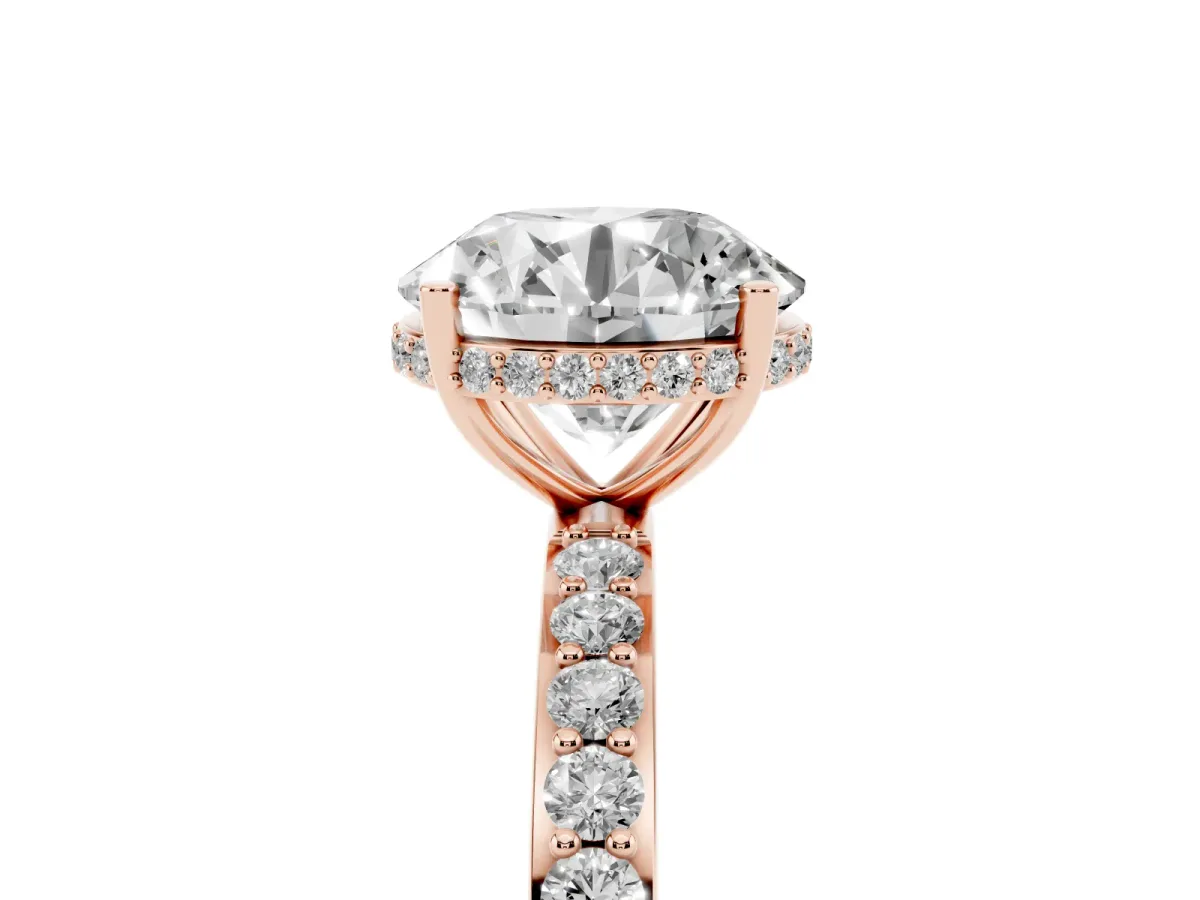 Round Cut Diamond Solitaire Ring with Pavé Band and Hidden Halo Rose gold