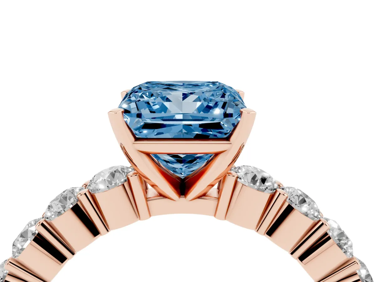Fancy Blue Princess Cut Diamond Solitaire Ring with Shared Prong Round Side Stones Rose gold