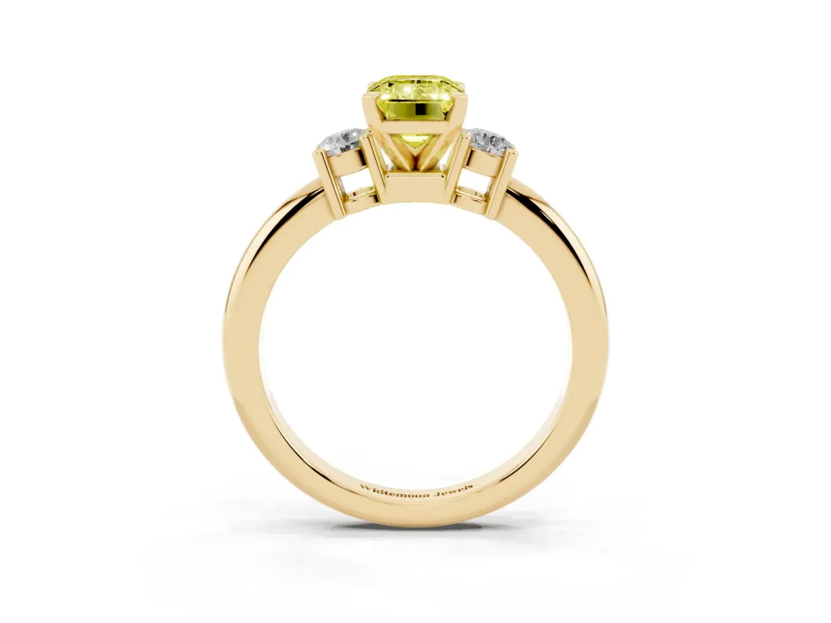 Fancy Yellow Three-Stone Emerald Cut Cut Diamond Solitaire with Prong Setting and Classic Band Yellow gold