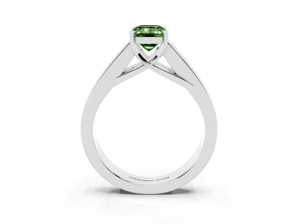 Fancy Green Emerald Cut Cut Channel Set Solitaire Ring with Four-Prong Setting Silver