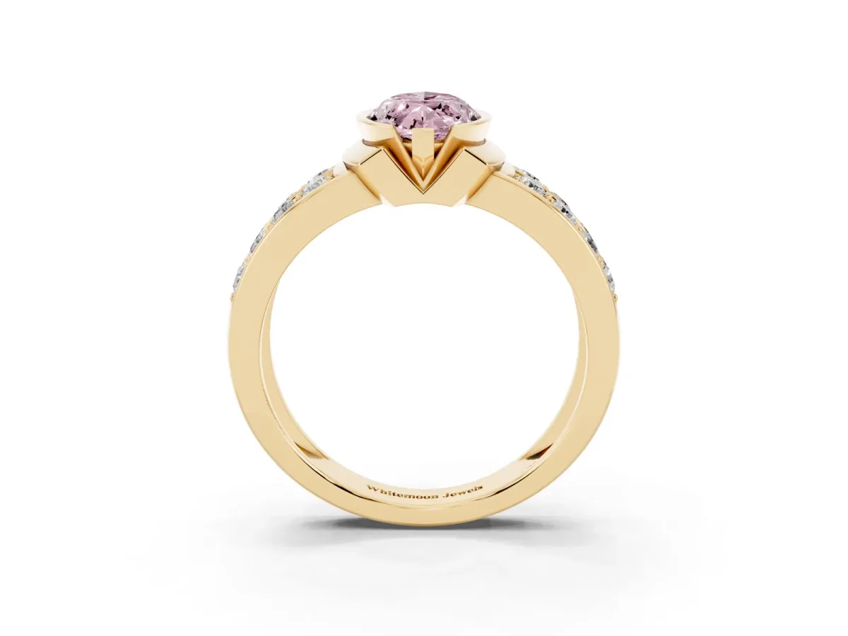 Fancy Pink Marquise Cut Brilliant Diamond Channel Set Wide Band Ring with Bezel Setting Yellow gold