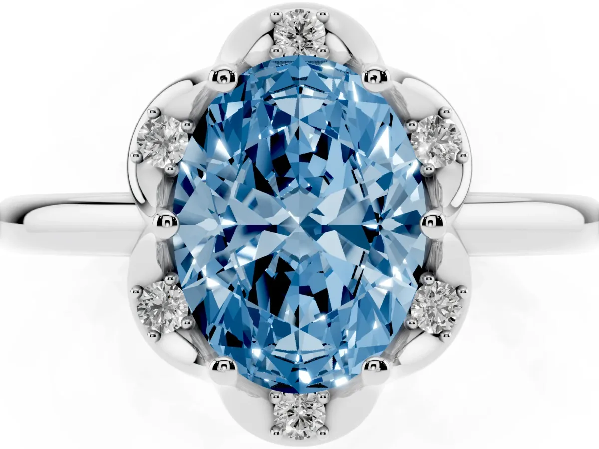 Fancy Blue Oval Cut Halo Diamond Ring with Round Cluster Setting, Solitaire Band, and Four-Prong Setting Silver