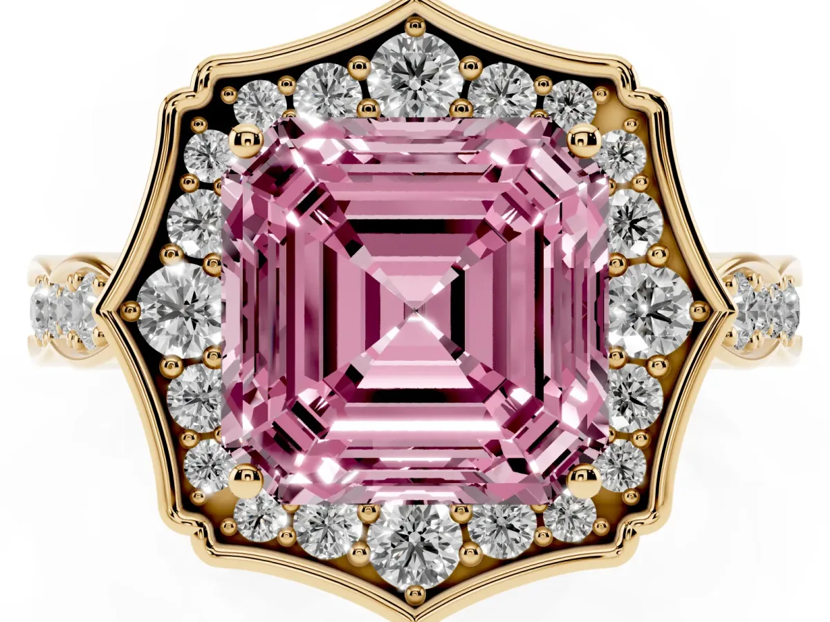 Fancy Pink Asscher Cut Halo Diamond Engagement Ring with Milgrain Band and Four-Prong Setting Yellow gold