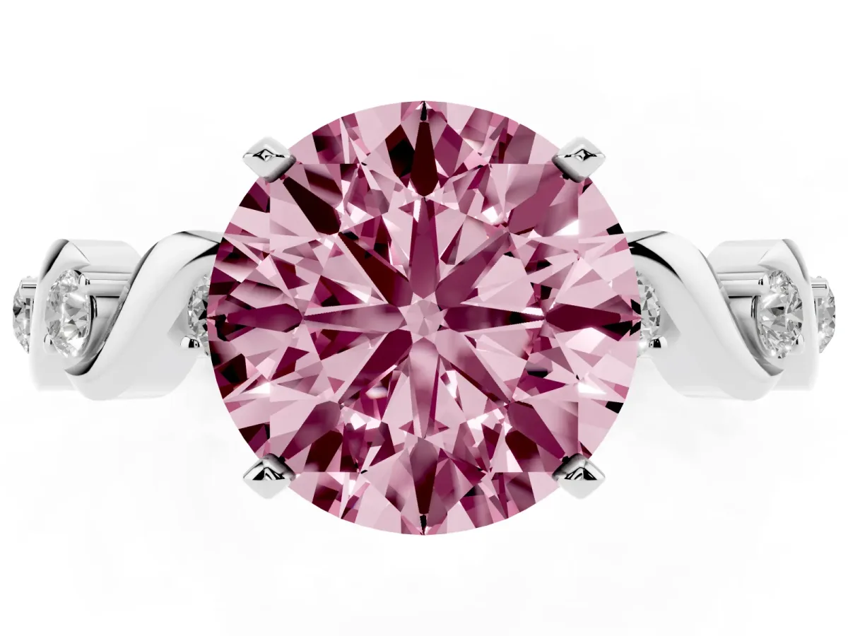 Fancy Pink Round Cut Diamond Solitaire Twisted Band with Round Accents and Prong Setting Silver