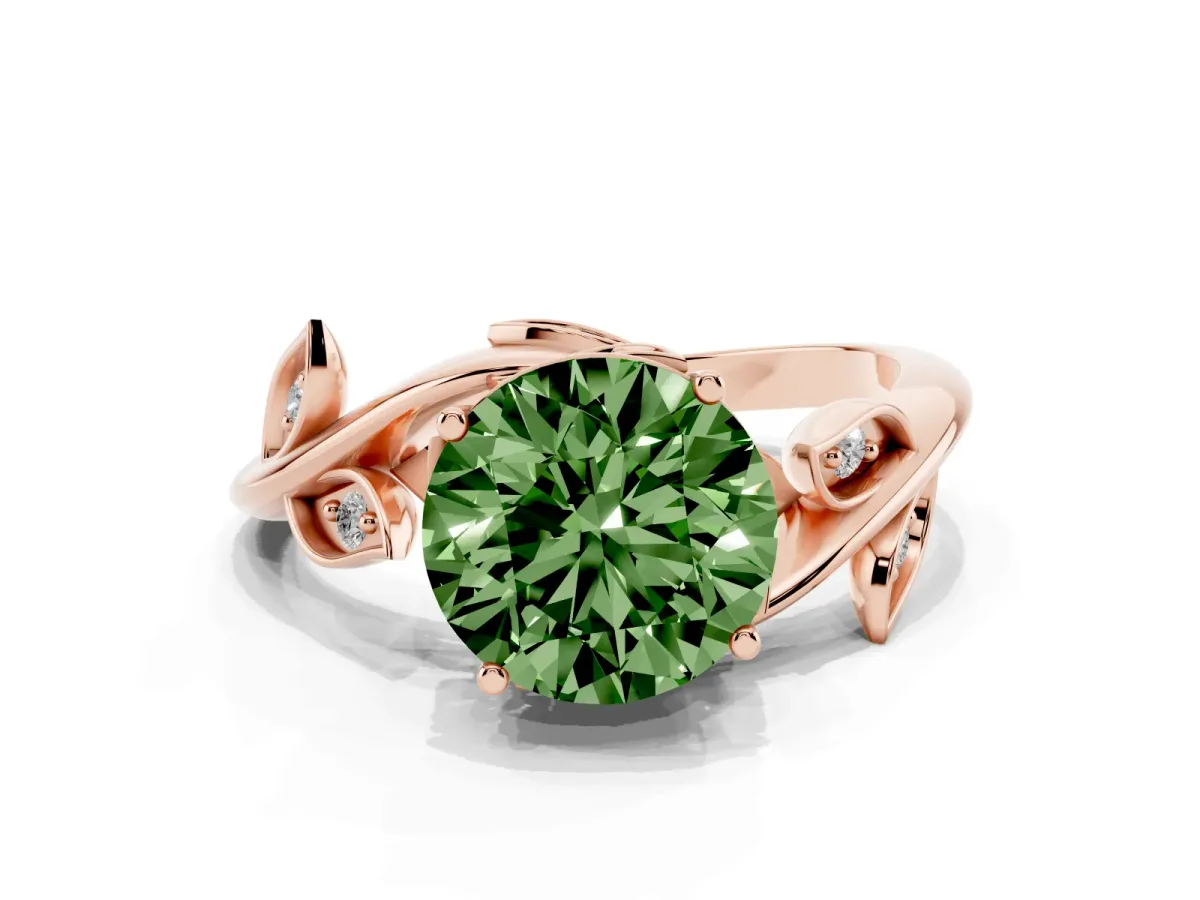 Fancy Green Round Cut Solitaire Twist Engagement Ring with Leaf Accents and Prong Setting Rose gold