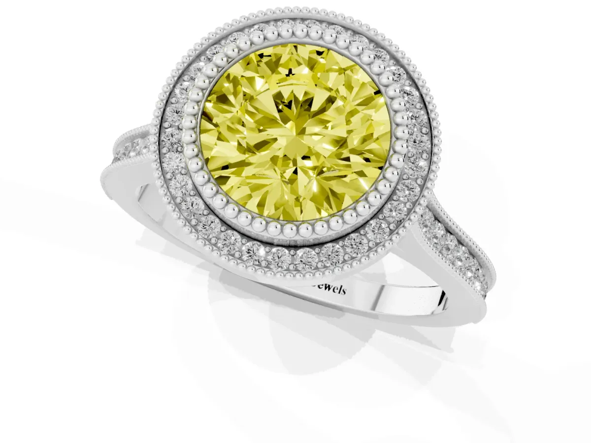 Fancy Yellow Round Cut Diamond Halo Ring with Milgrain Frame and Pavé Band Silver
