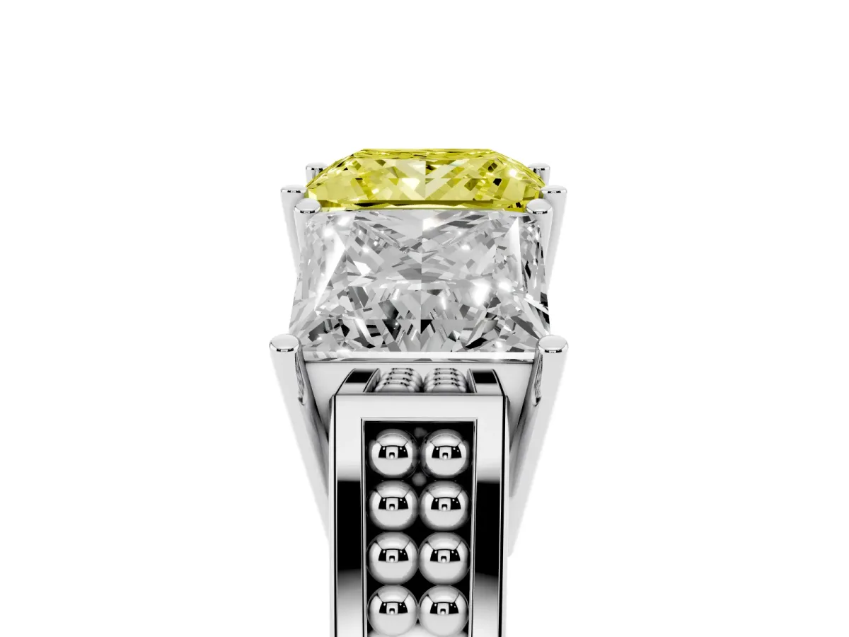 Fancy Yellow Princess Cut Diamond Three-Stone Ring with Prong Setting and Textured Band Silver