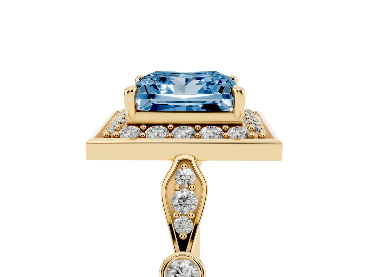 Fancy Blue Princess Cut Halo Diamond Engagement Ring with Twisted Band and Four-Prong Setting Yellow gold