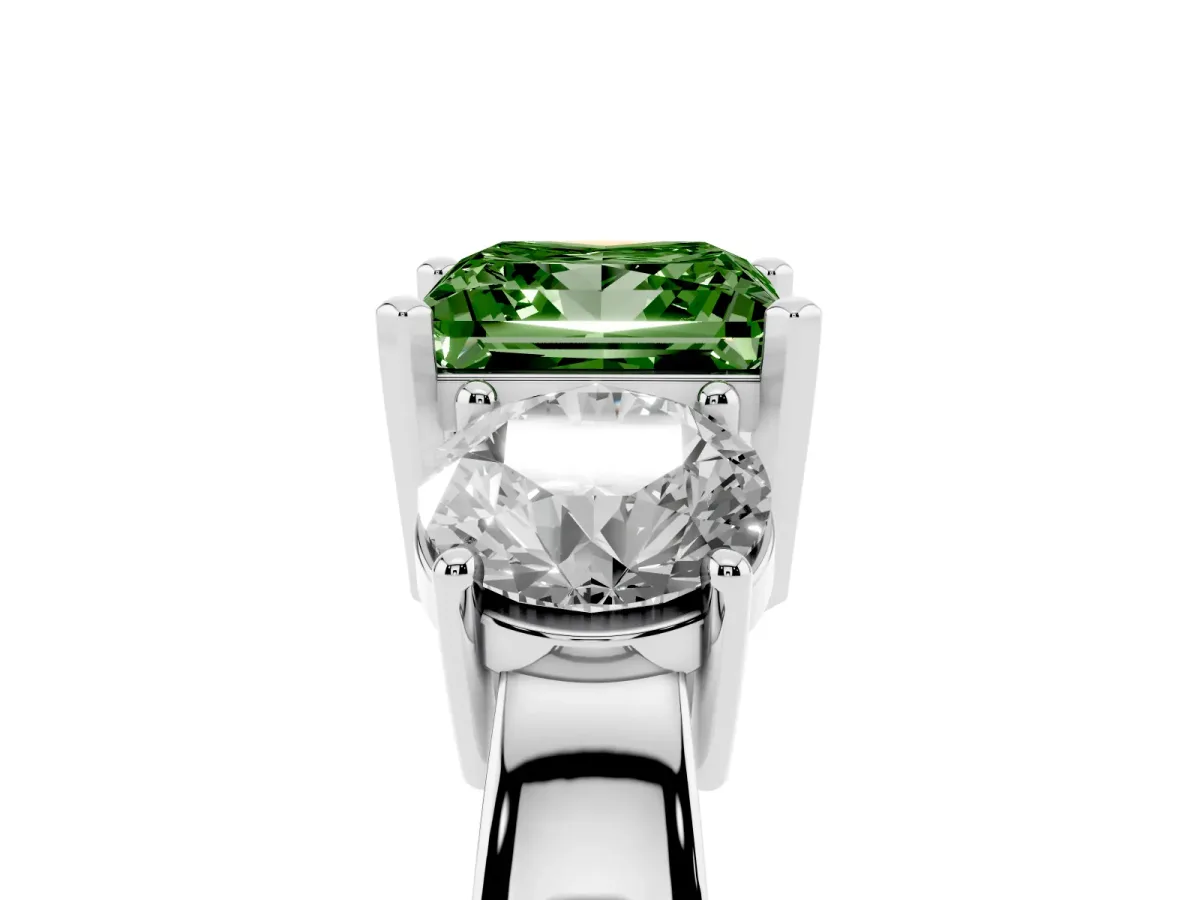 Fancy Green Three-Stone Princess Cut Diamond Ring with Round Side Stones, Classic Band, and Four-Prong Setting Silver