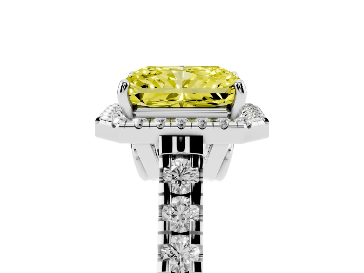 Fancy Yellow Radiant Cut Halo Pavé Diamond Engagement Ring with Four-Prong Setting Platinum