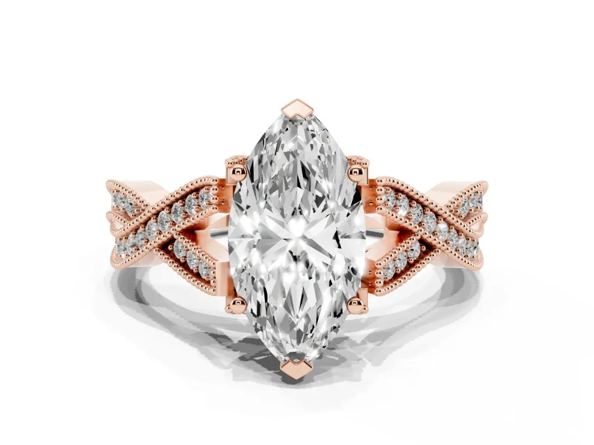 Marquise Cut Cut Diamond Twisted Band with Milgrain Pave Setting and Four-Prong Setting Rose gold
