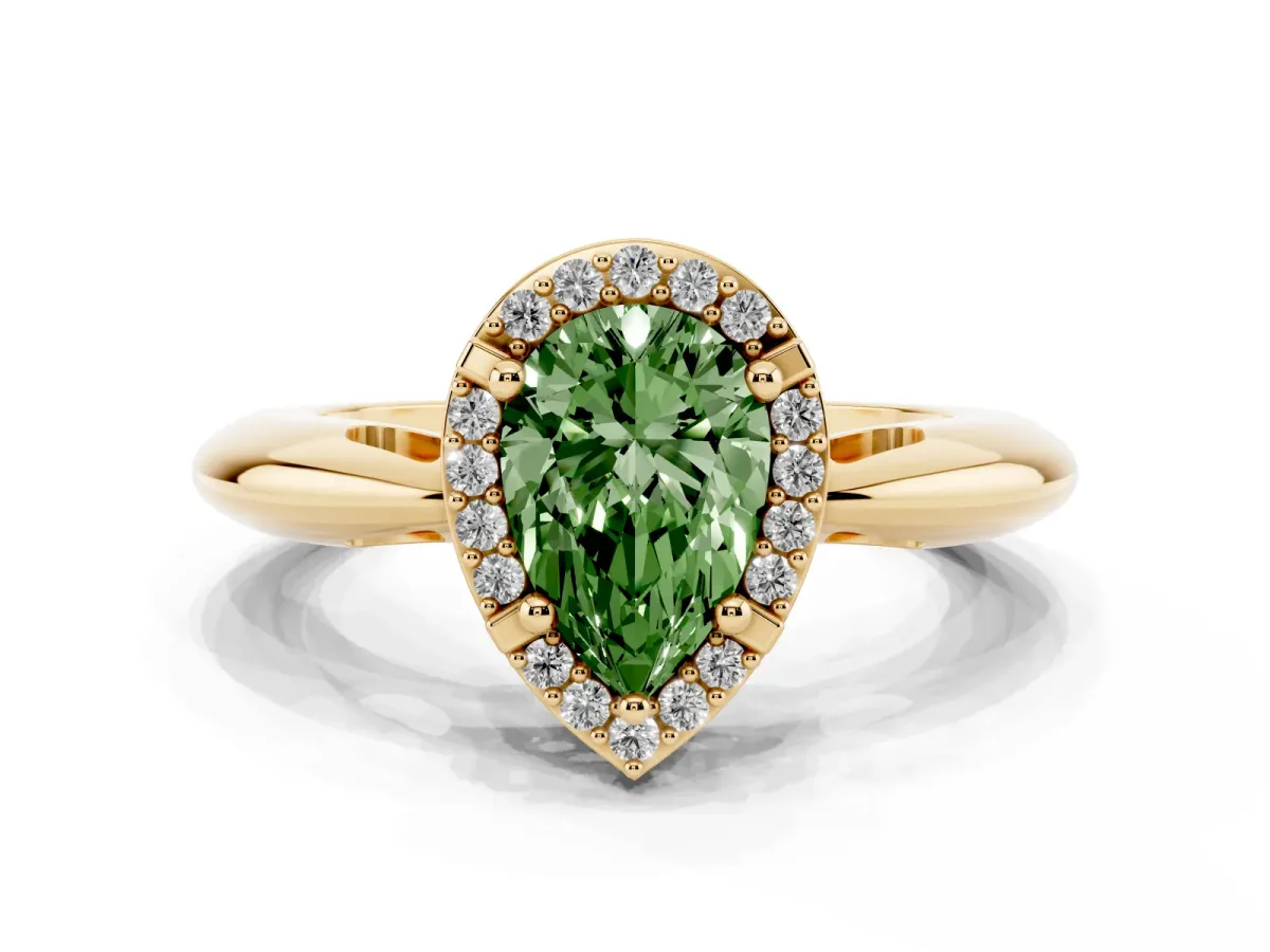 Fancy Green Pear Cut Cut Diamond Halo Engagement Ring with Split Shank and Four-Prong Setting Yellow gold