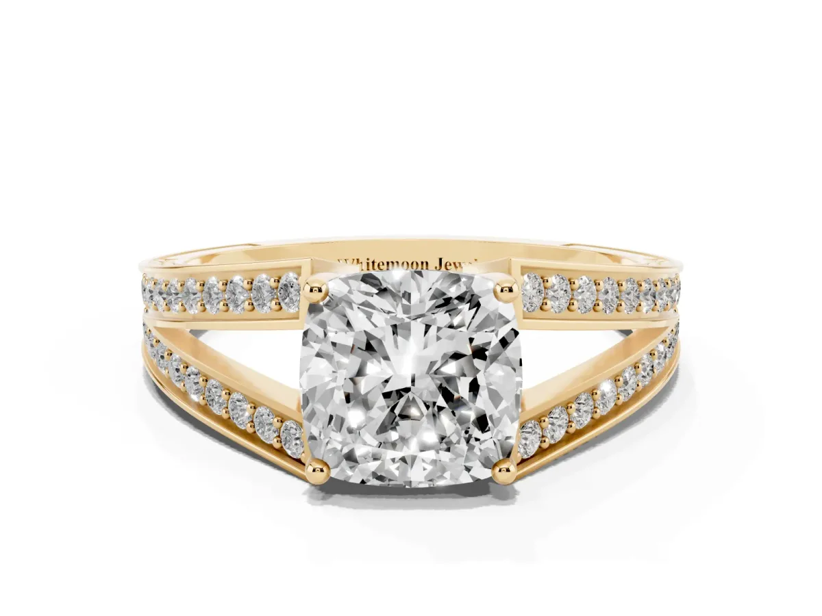 Cushion Cut Diamond Split Shank Ring with Pavé Band and Four-Prong Setting Yellow gold