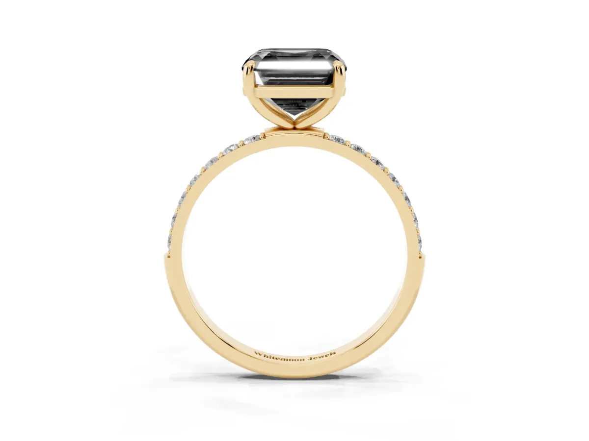 Fancy Black Asscher Cut Diamond Solitaire Ring with Round Pavé Band and Prong Setting Yellow gold