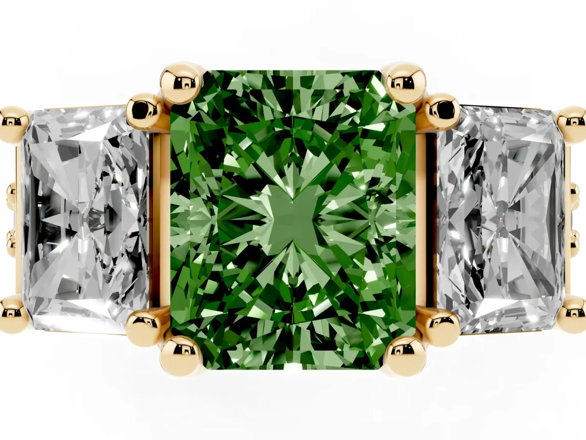 Fancy Green Radiant Cut Diamond Three-Stone Ring with Channel Set Band and Four-Prong Setting Yellow gold