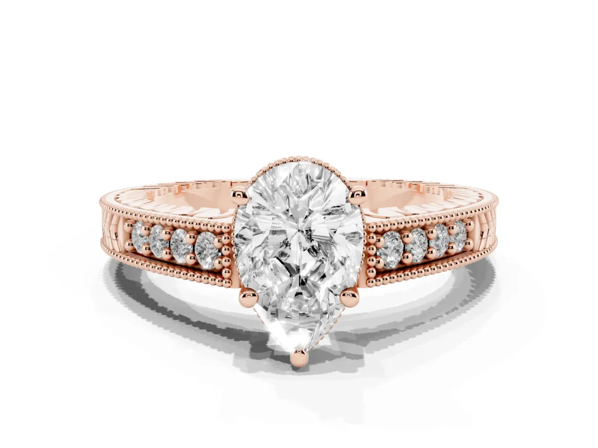 Pear Cut Solitaire Pavé Diamond Milgrain Engagement Ring with Four-Prong Setting Rose gold