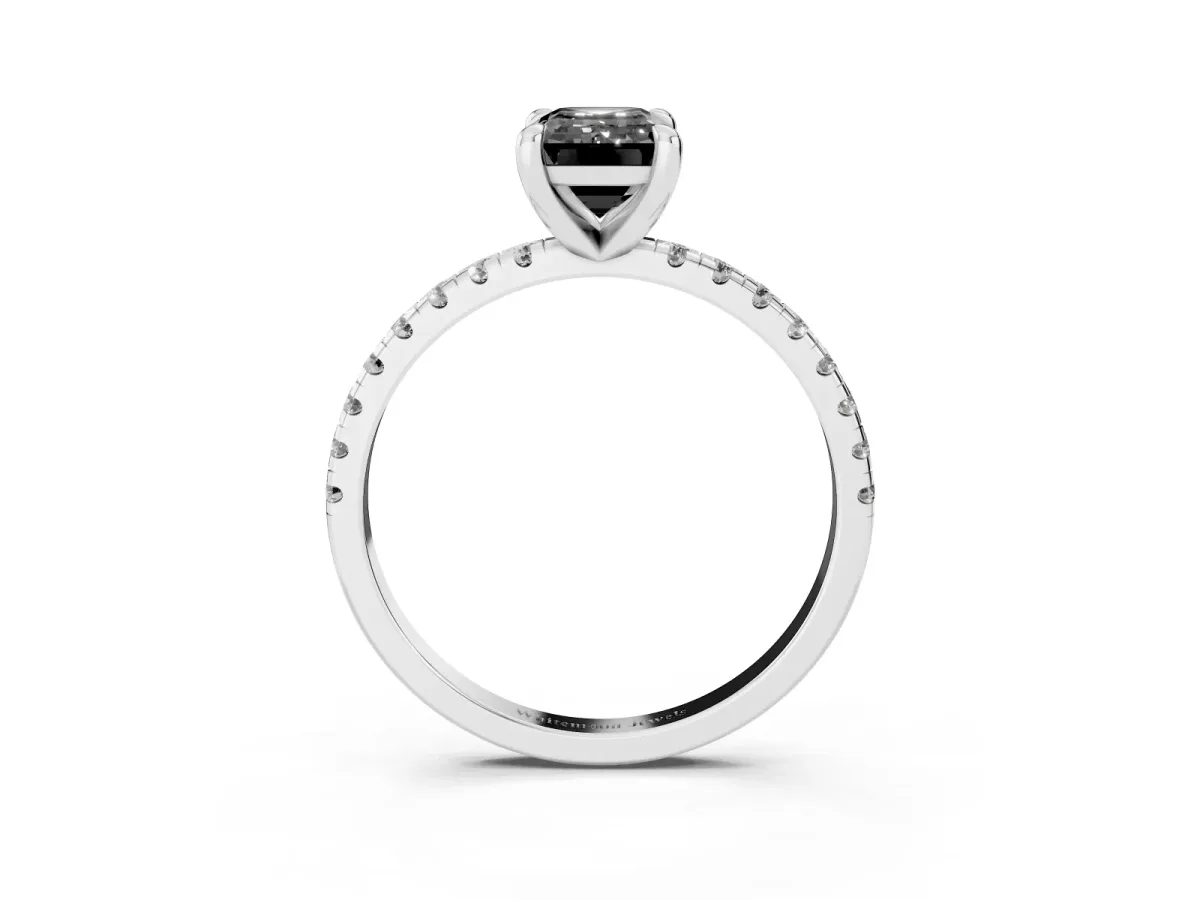 Fancy Black Emerald Cut Diamond Brilliant Solitaire Ring with Pavé Band and Four-Prong Setting Platinum