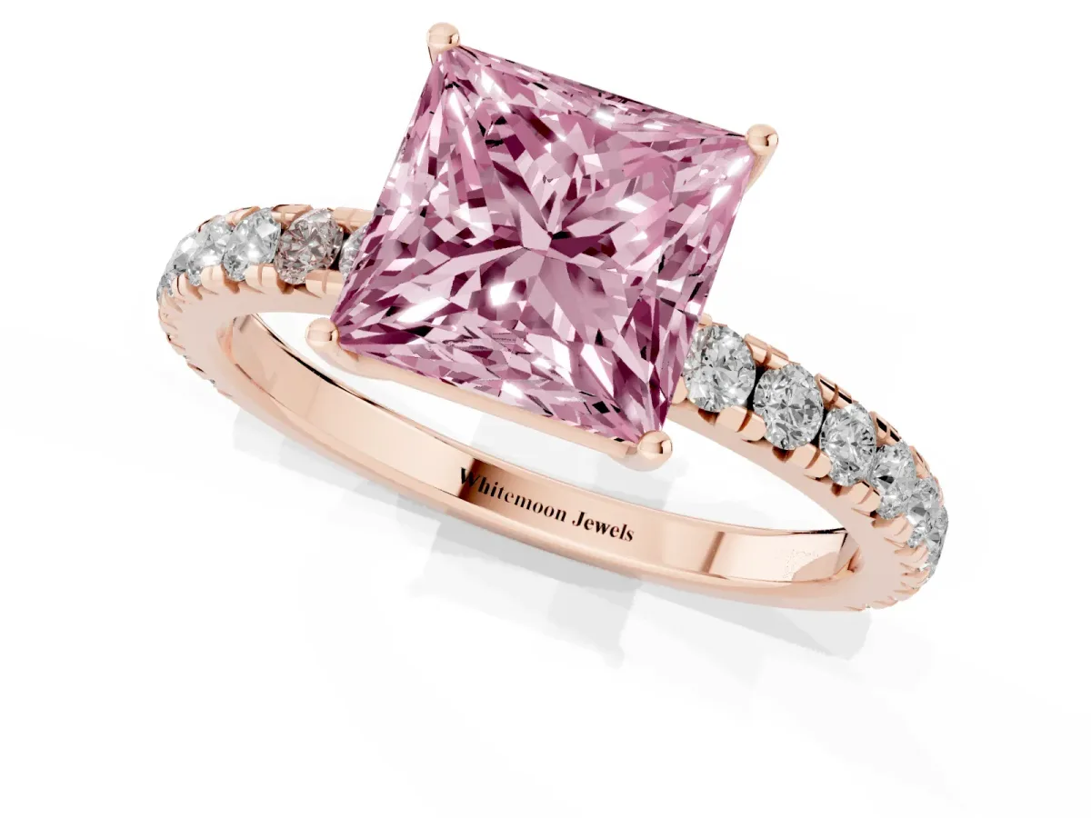 Fancy Pink Princess Cut Diamond Pavé Solitaire Engagement Ring with Four-Prong Setting Rose gold