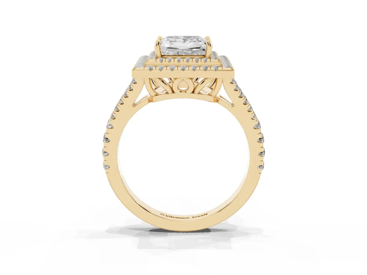 Princess Cut Diamond Double Halo Ring with Pavé Band and Prong Setting Yellow gold