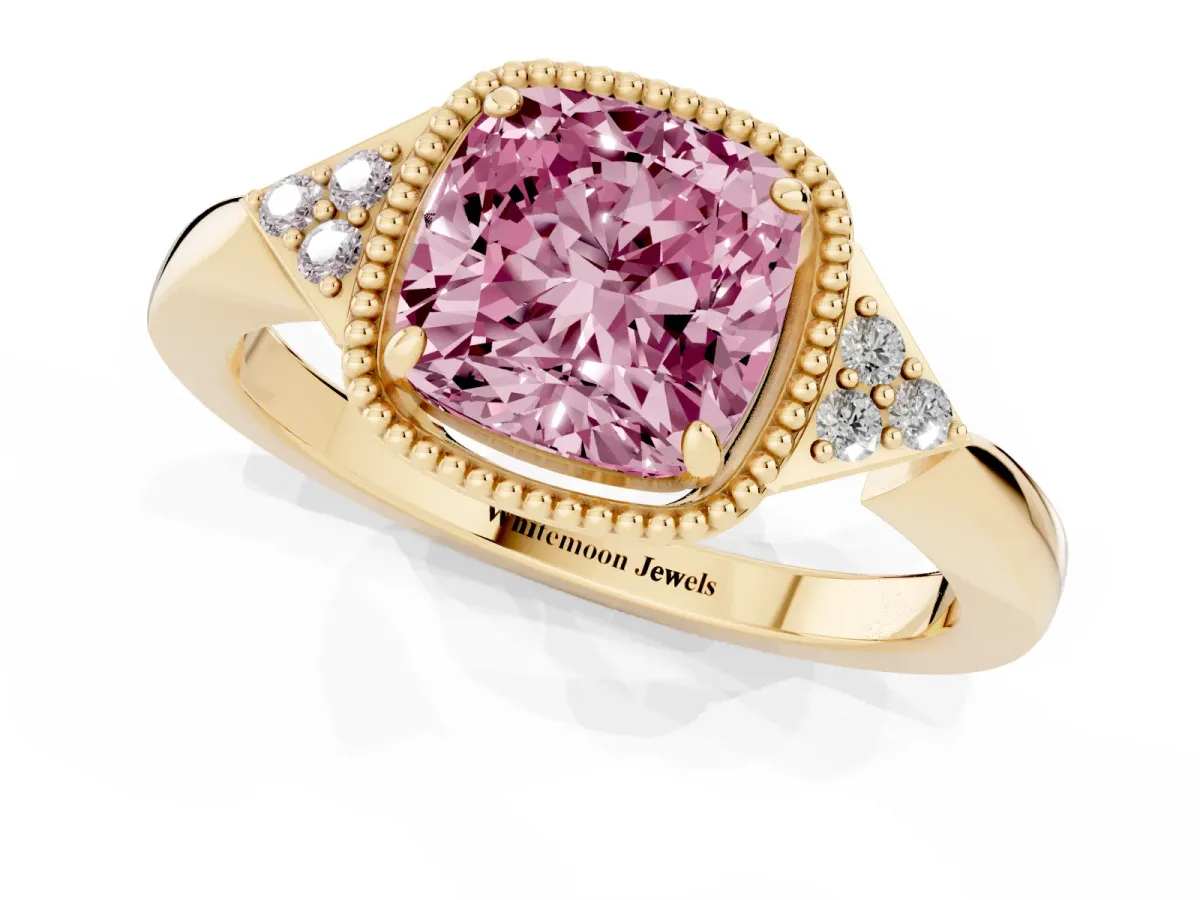 Fancy Pink Cushion Cut Diamond Halo Ring with Tapered Band and Four-Prong Setting Yellow gold