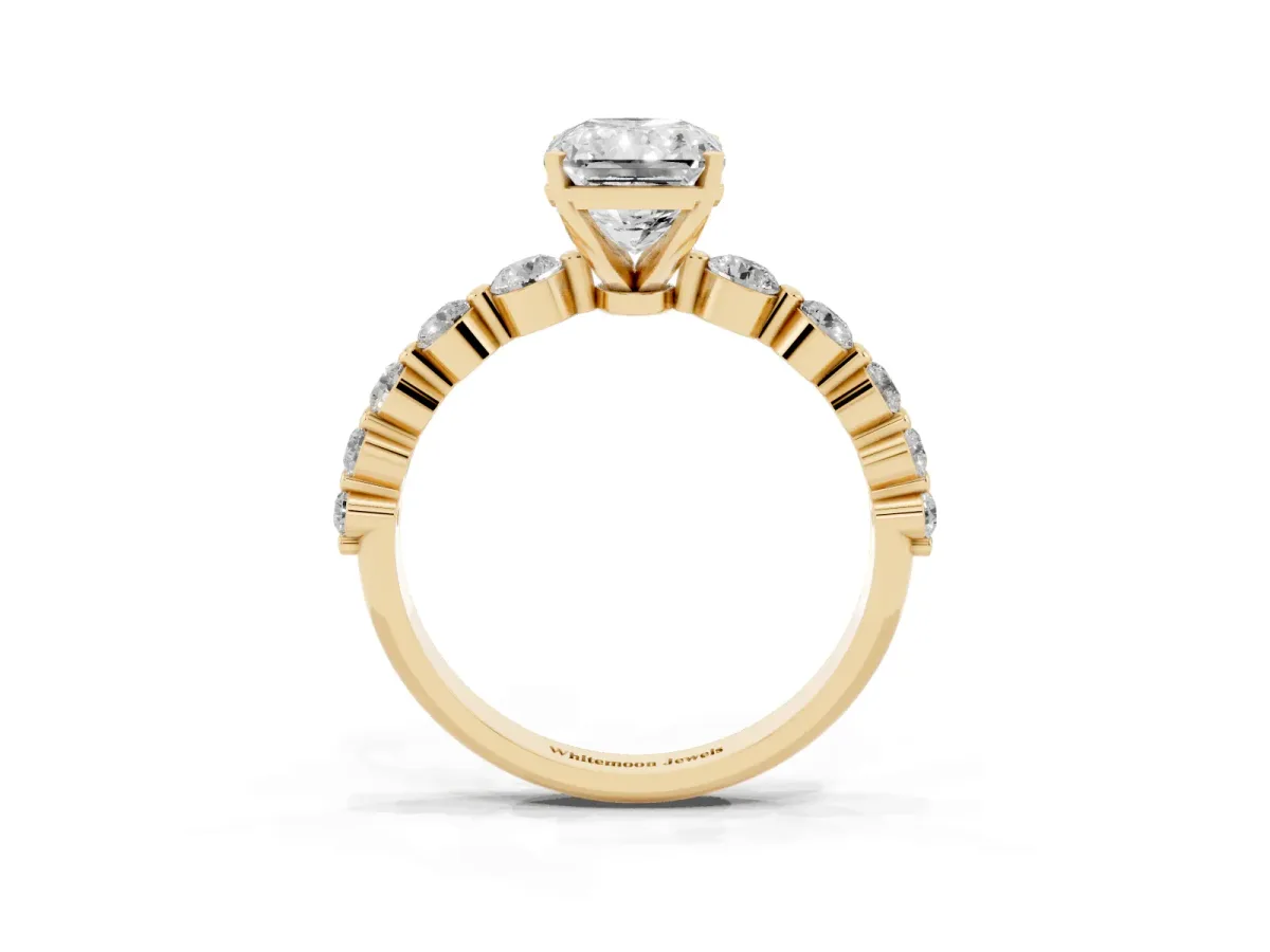Radiant Cut Solitaire Diamond Ring with Pave Band and Four-Prong Setting Yellow gold