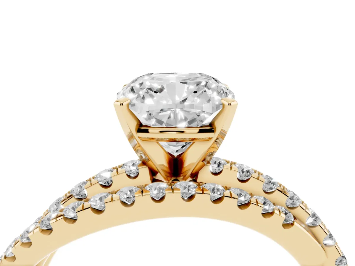 Cushion Cut Solitaire Twist Band with Pavé Setting and Four-Prong Setting Yellow gold