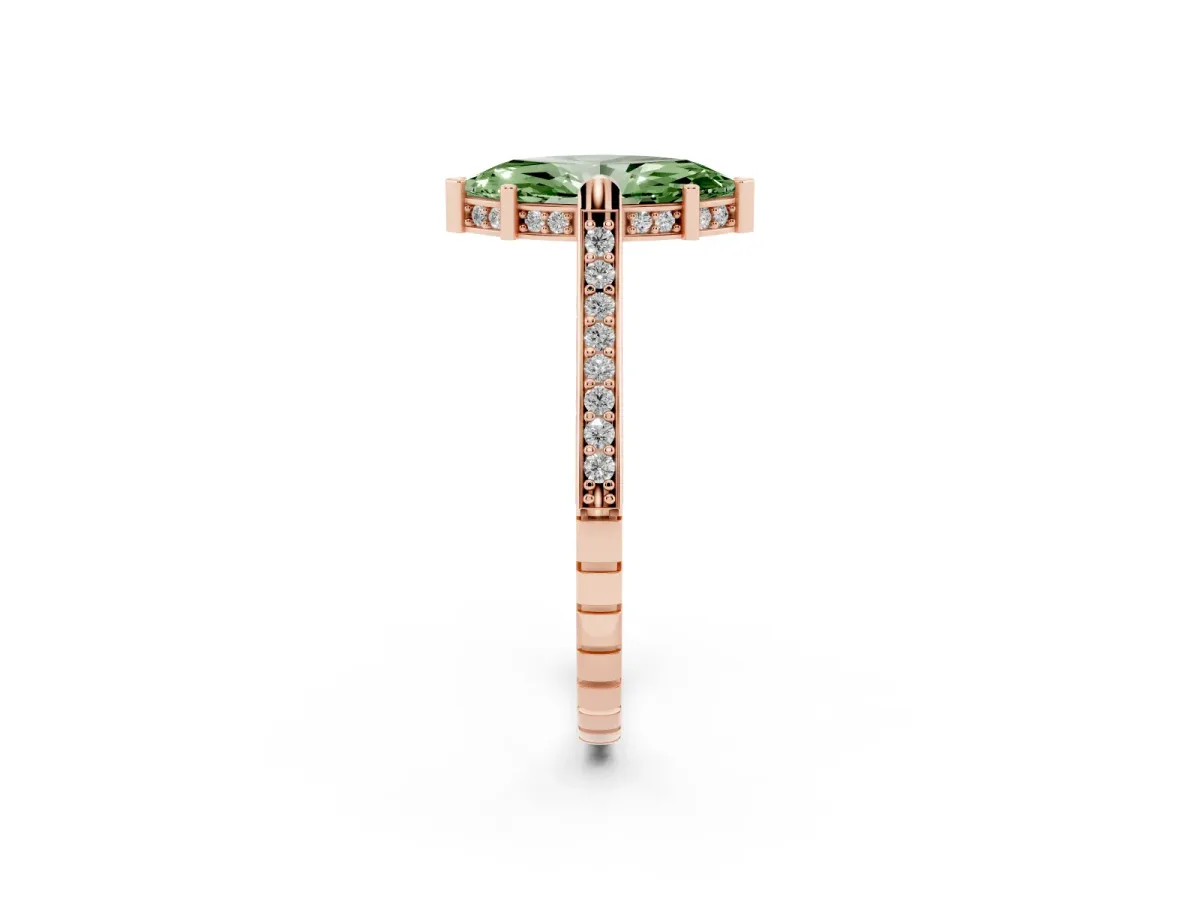 Fancy Green Marquise Cut Solitaire Diamond Ring with Channel Set Band and Bezel Prong Setting Rose gold