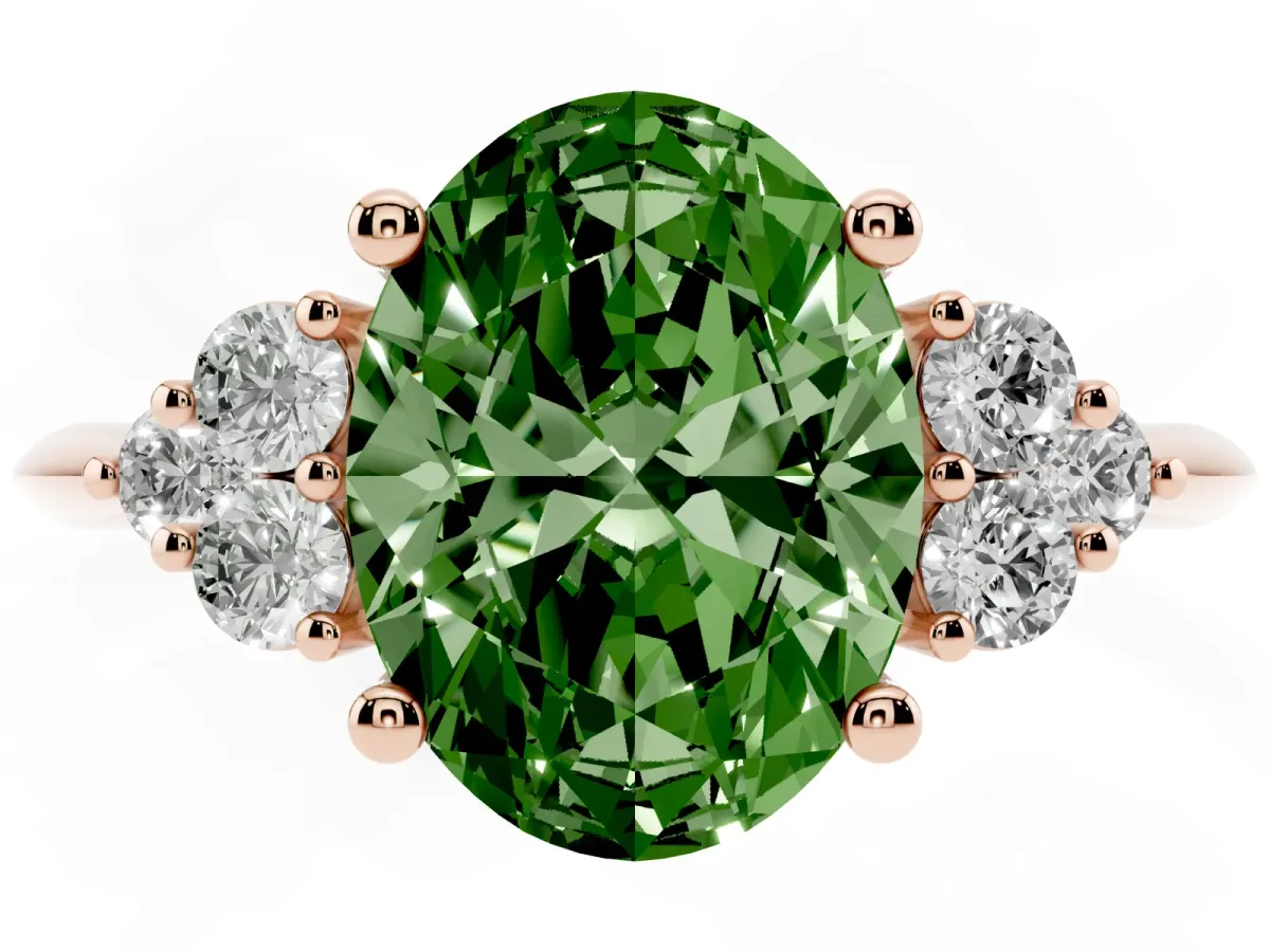 Fancy Green Oval Cut Cut Diamond Cluster Ring with Solitaire Band and Four-Prong Setting Rose gold