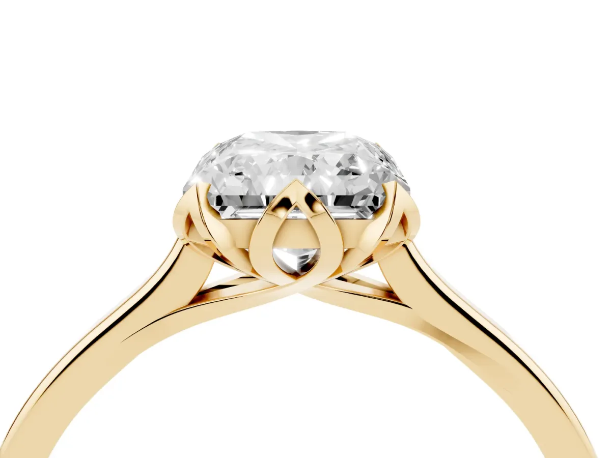 Radiant Cut Diamond Solitaire Ring with Flower Prong Setting and Classic Band Yellow gold