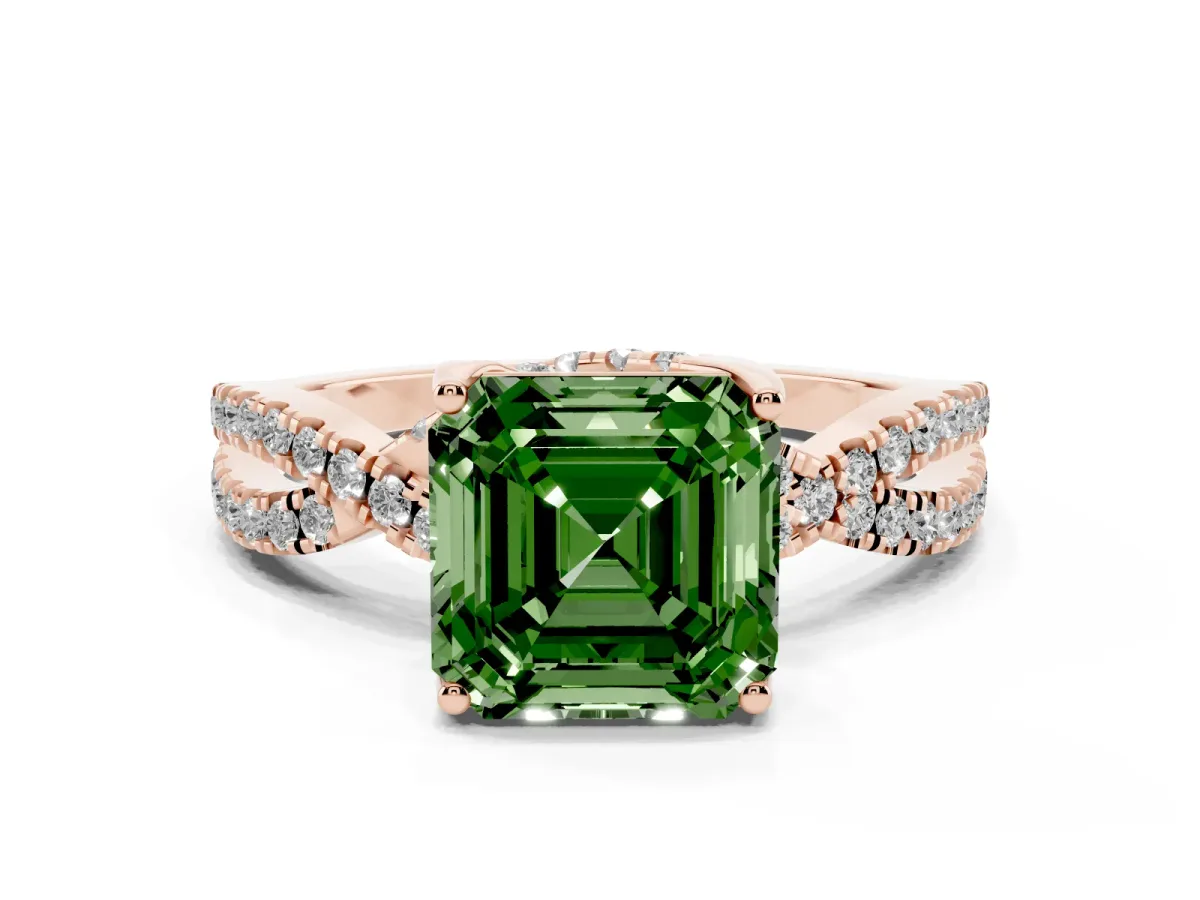 Fancy Green Asscher Cut Solitaire Twist Pave Diamond Engagement Ring with Prong Setting Rose gold