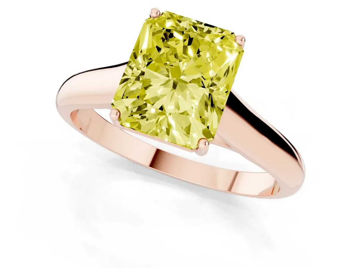 Fancy Yellow Radiant Cut Solitaire Engagement Ring with Tapered Band and Four-Prong Setting Rose gold