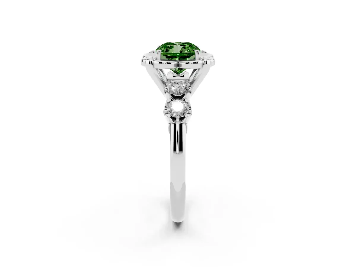 Fancy Green Cushion Cut Cut Diamond Floral Halo Engagement Ring with Shared Prong Setting White gold