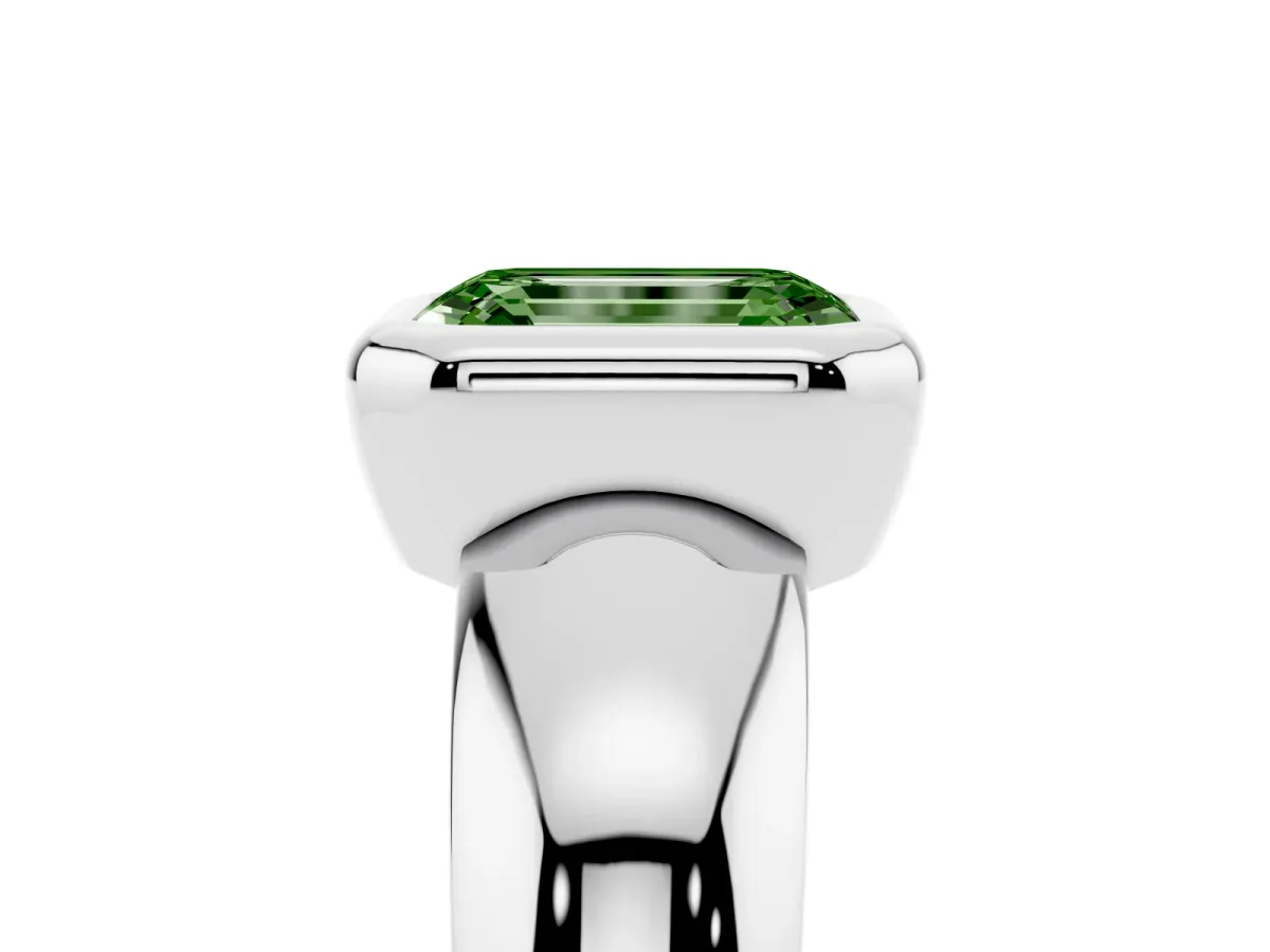 Fancy Green Bezel Set Emerald Cut Solitaire Ring with Wide Band Platinum