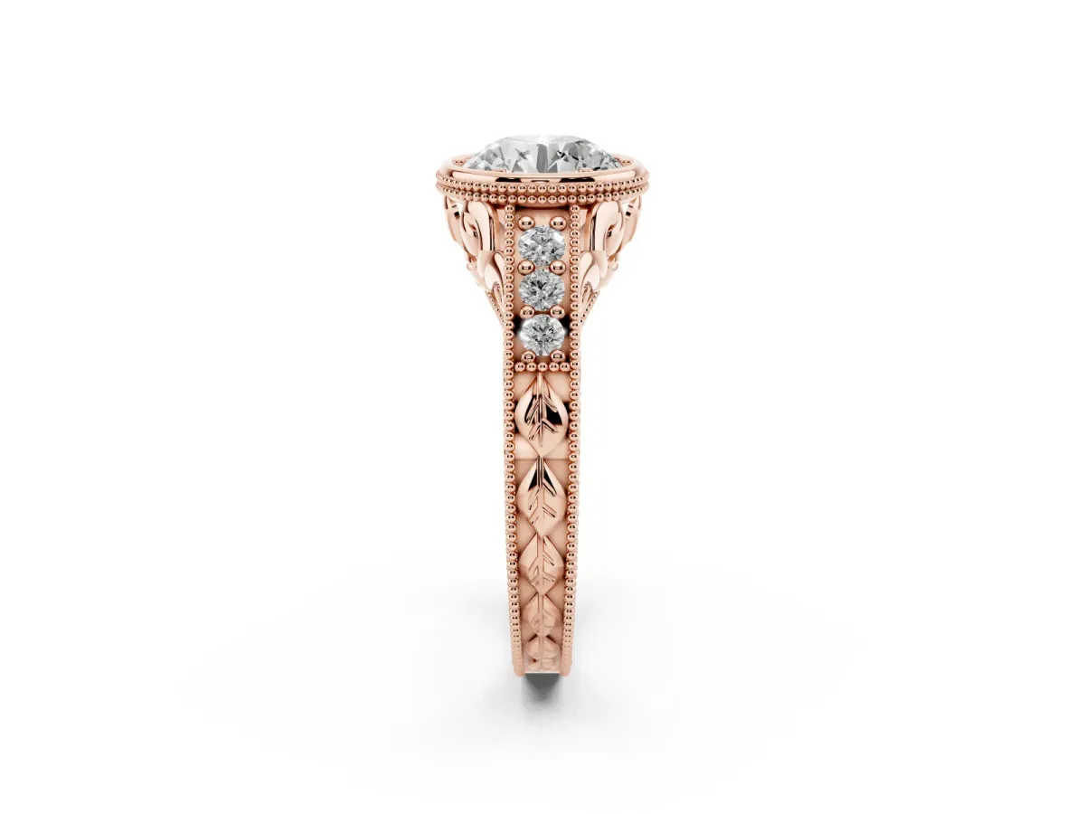Bezel Set Round Cut Diamond Milgrain Pave Engagement Ring Rose gold