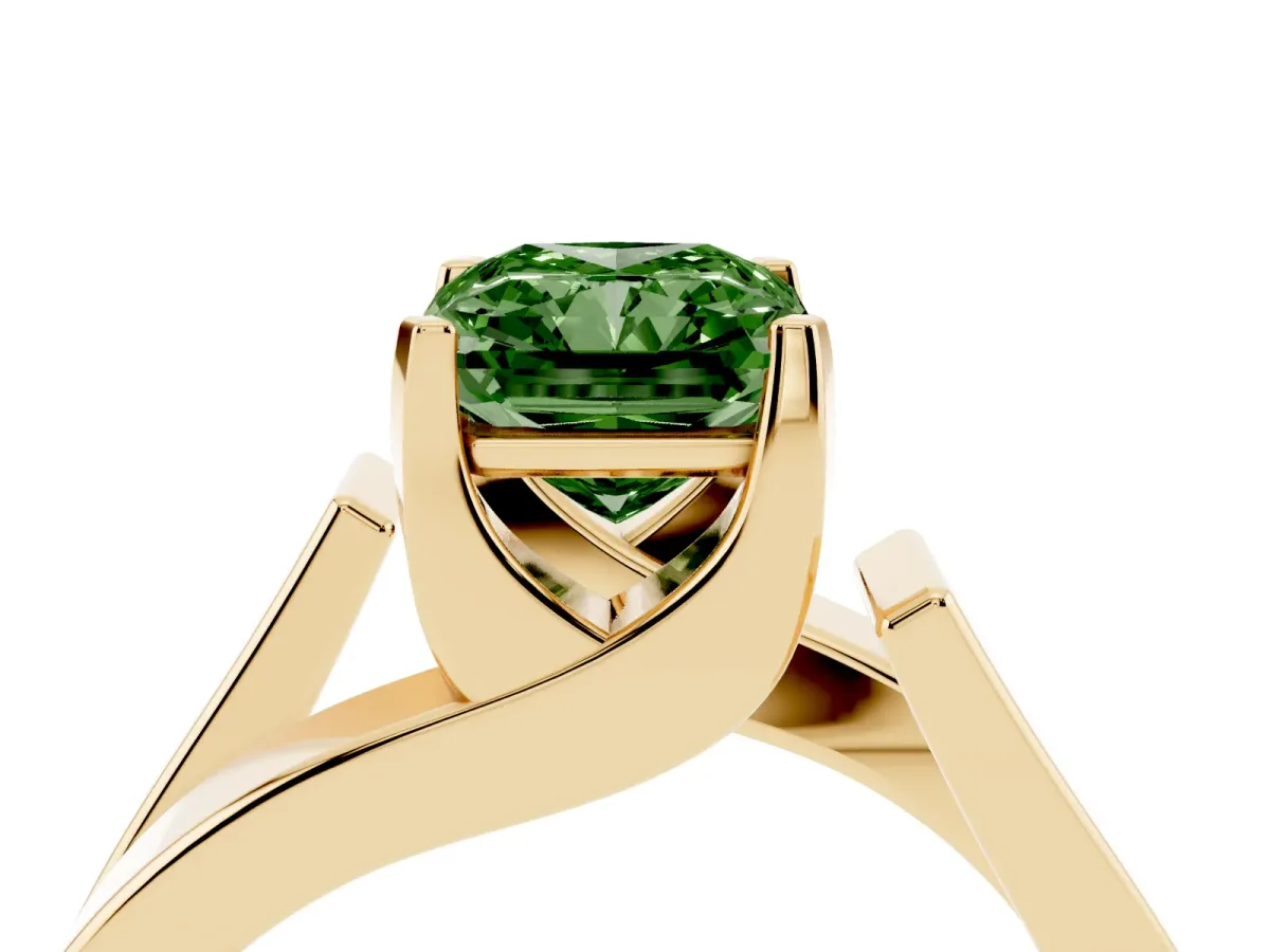 Fancy Green Modern Tension Set Radiant Cut Diamond Solitaire Wide Band Ring Yellow gold