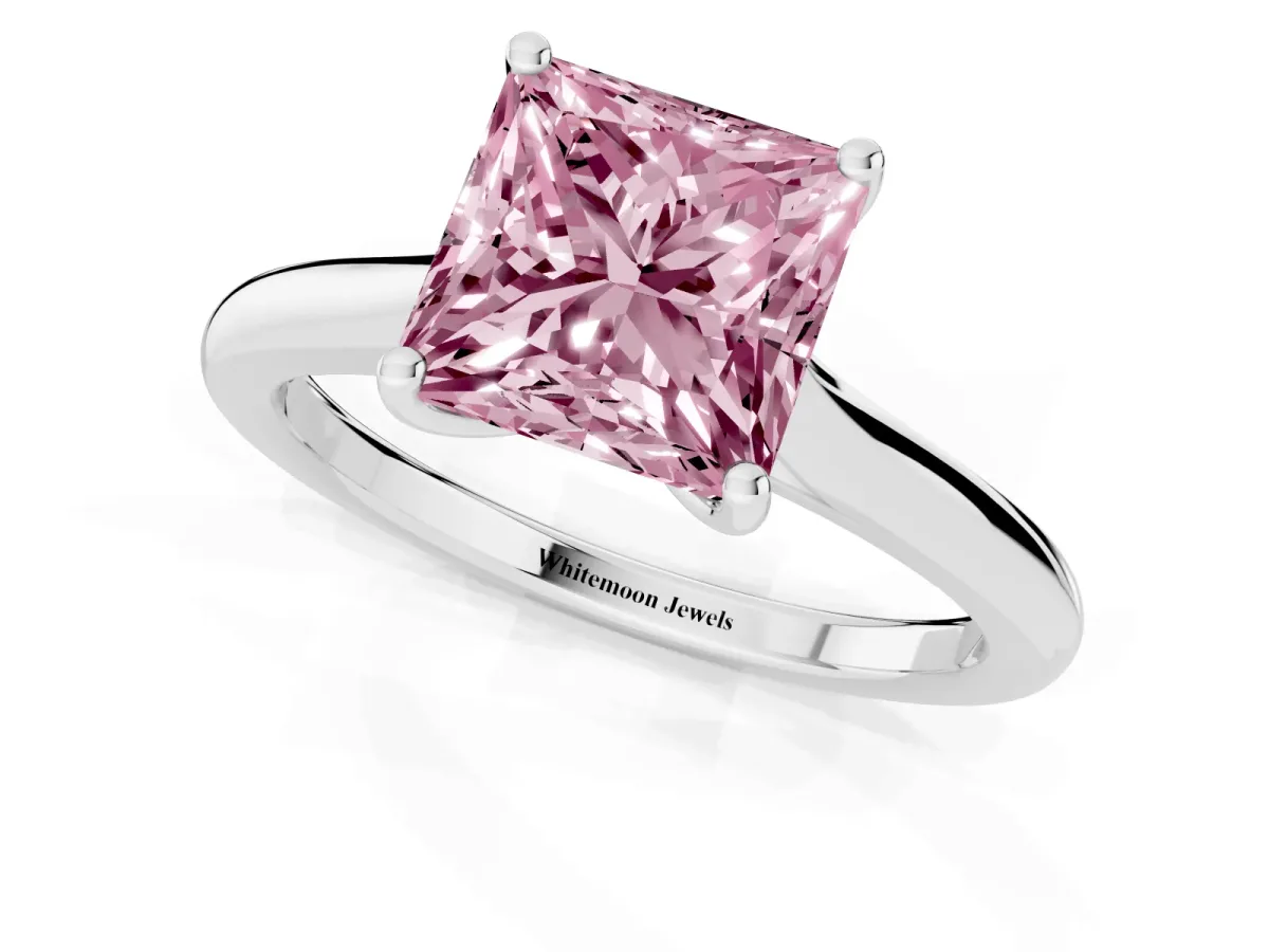 Fancy Pink Princess Cut Cut Solitaire Ring with Cathedral Band and Four-Prong Setting Silver