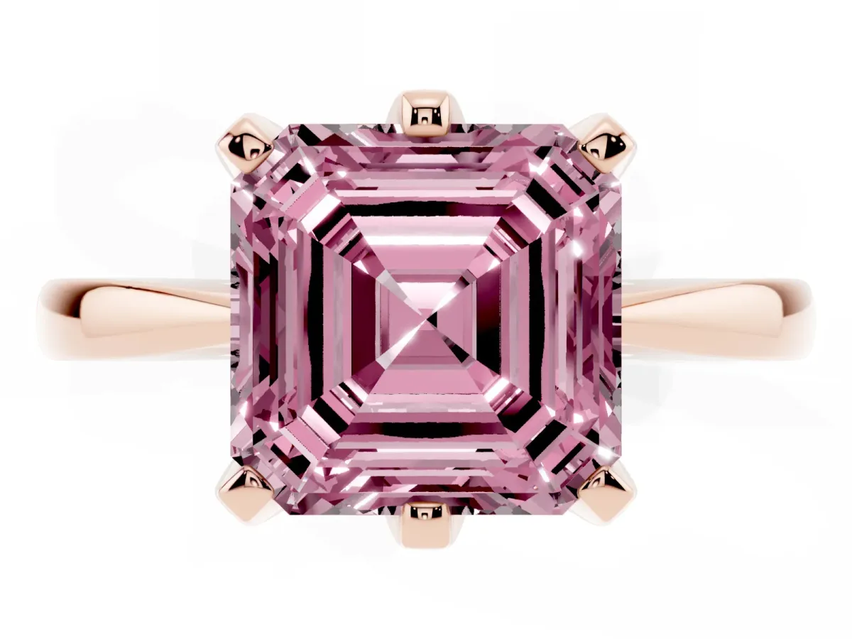 Fancy Pink Asscher Cut Solitaire Engagement Ring with Six-Prong Setting and Tapered Band Rose gold