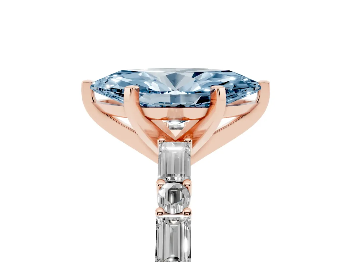 Fancy Blue Marquise Cut Diamond Solitaire with Side Baguettes and Channel Set Band Rose gold
