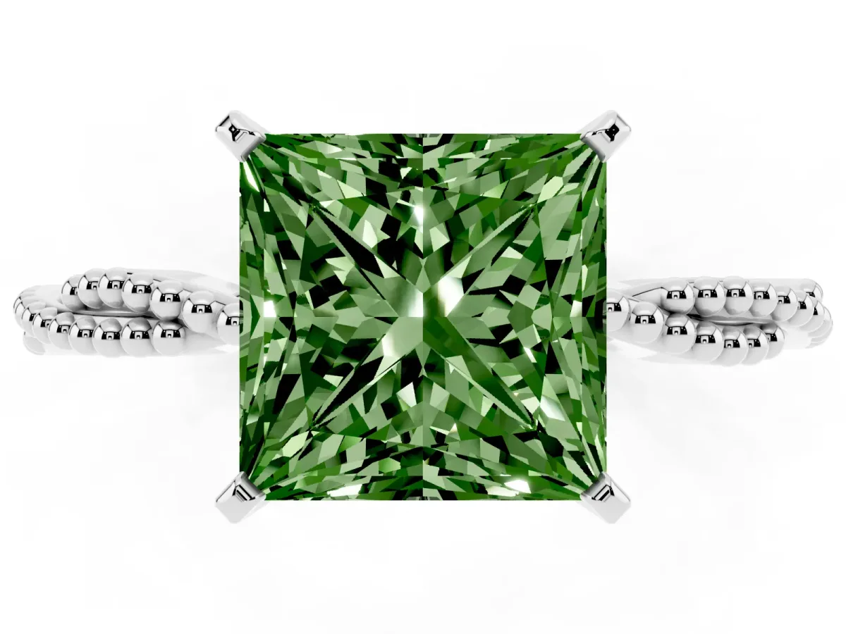 Fancy Green Princess Cut Solitaire Twisted Band with Bead Prong Setting Platinum