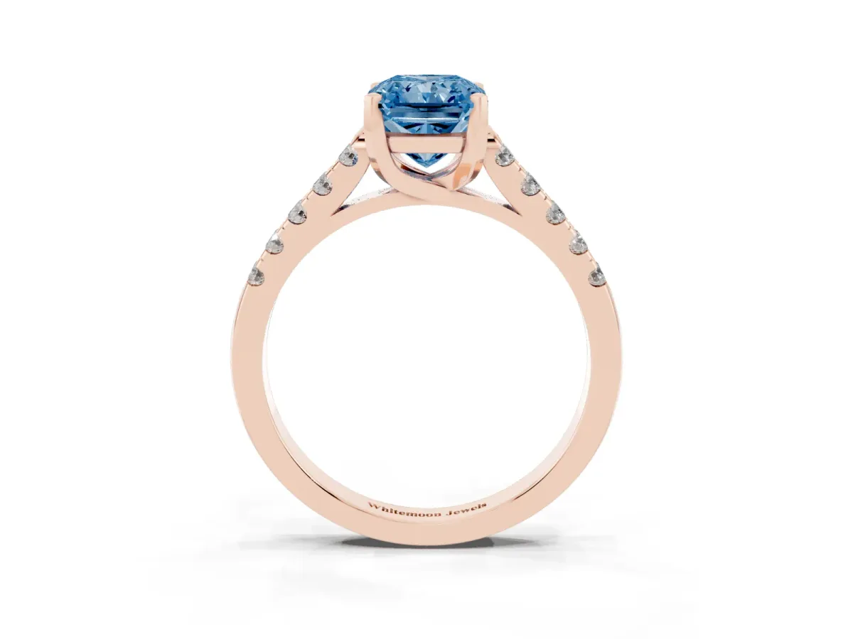 Fancy Blue Radiant Cut Diamond Pavé Band Solitaire Ring with Prong Setting Rose gold