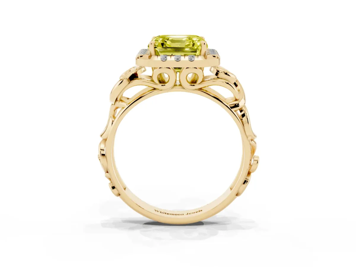 Fancy Yellow Asscher Cut Cut Halo Diamond Ring with Scrollwork Band and Four-Prong Setting Yellow gold