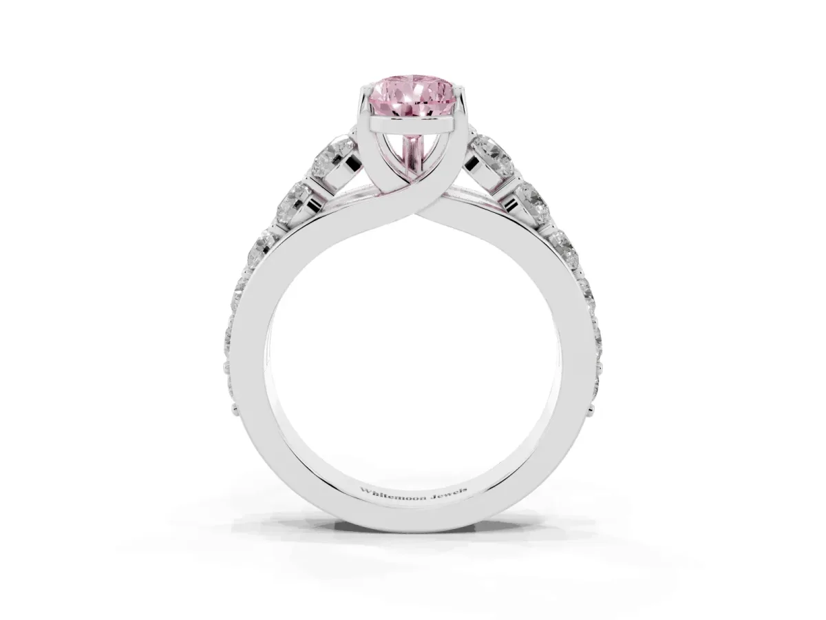 Fancy Pink Pear Cut Diamond Engagement Ring with Pavé Band and Four-Prong Setting White gold