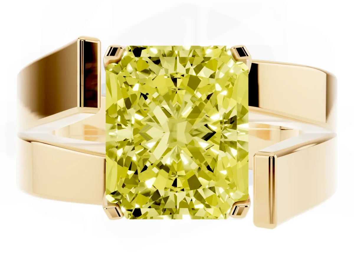 Fancy Yellow Modern Tension Set Radiant Cut Diamond Solitaire Wide Band Ring Yellow gold