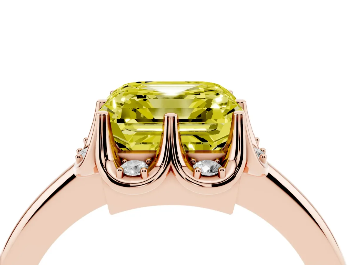 Fancy Yellow Asscher Cut Halo Diamond Ring with Round Cluster Setting, Solitaire Band, and Four-Prong Setting Rose gold