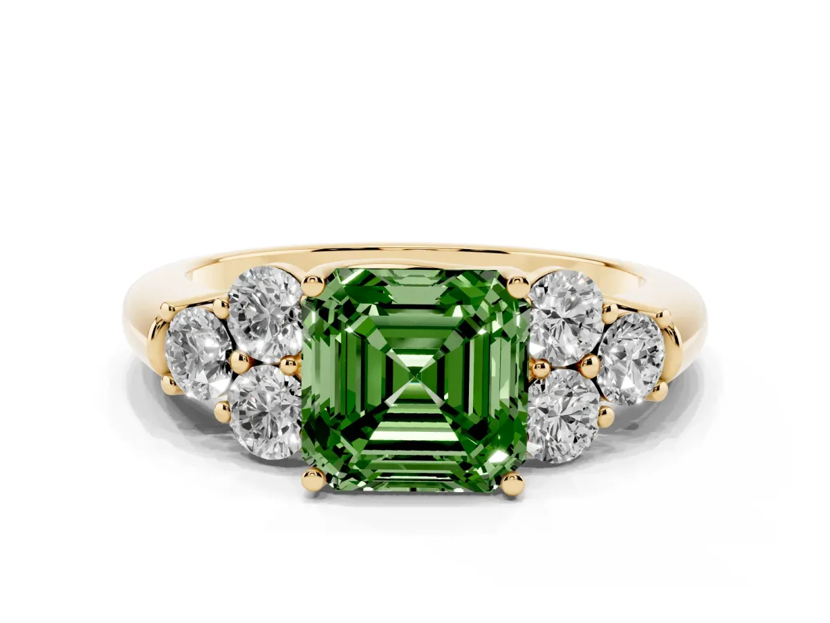 Fancy Green Asscher Cut Cut Diamond Cluster Ring with Round Accent Stones and Prong Setting on a Classic Band Yellow gold
