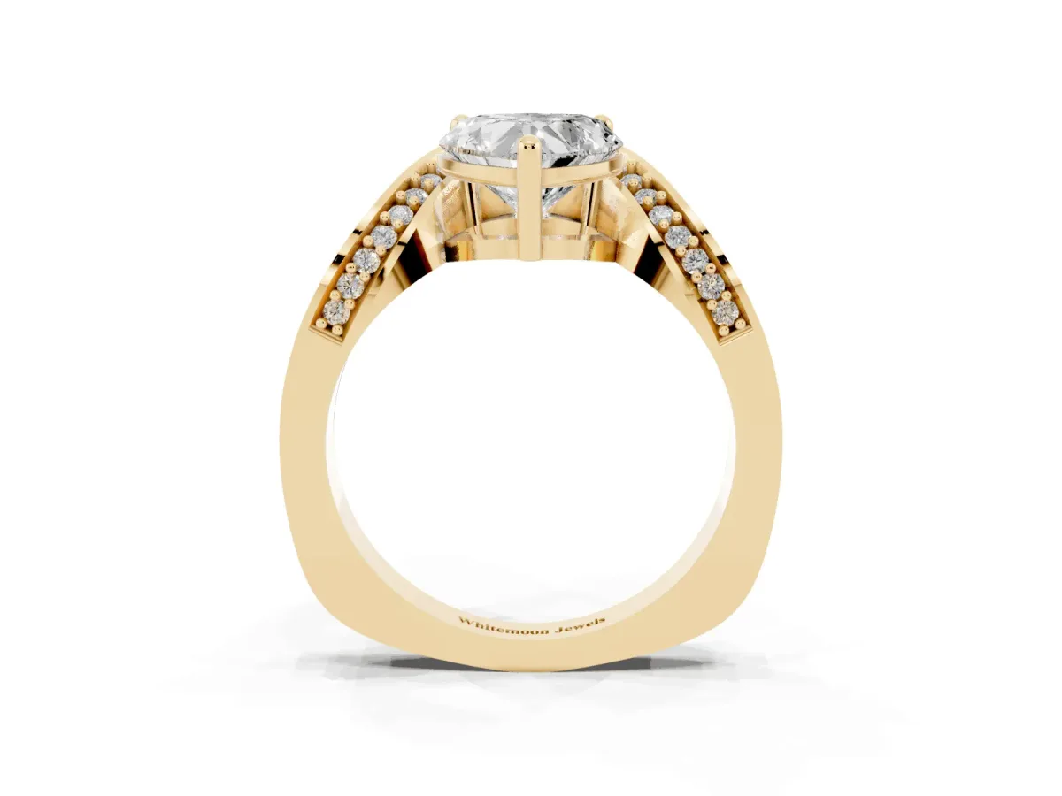 Heart Cut Solitaire Diamond Engagement Ring with Pave Band and Four-Prong Setting Yellow gold