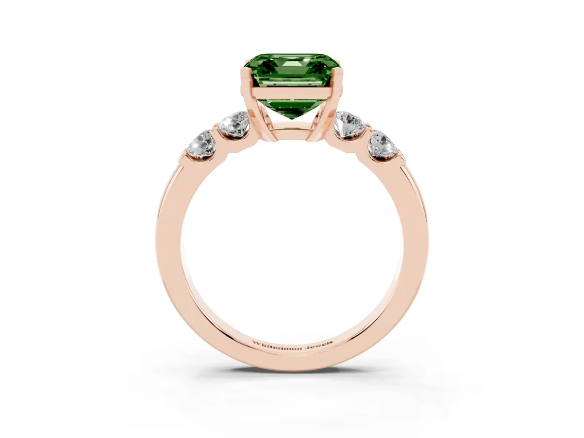 Fancy Green Asscher Cut Brilliant Cut Diamond Five-Stone Prong Set Engagement Ring with Channel Band Rose gold