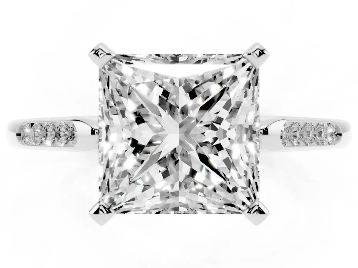 Princess Cut Diamond Solitaire Ring with Channel Set Round Band and Prong Setting Silver